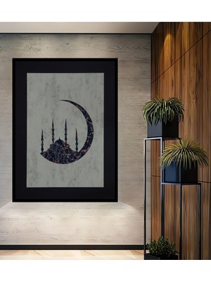 Teona Ahşap Çerçeve Görünümlü Ay Yıldızlı Cami Dekoratif Ahşap Mdf Ev Duvar Tablo Dikdörtgen Ev Duvar Tablo