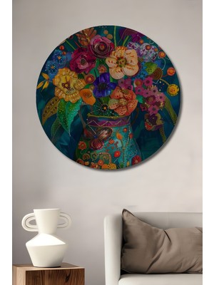 Teona Ahşap Renkli Çiçek Buketi ve Kuş Ahşap Mdf Dekoratif Ev/işyeri Duvar Tablo Yuvarlak Ev/işyeri Duvar Tablo