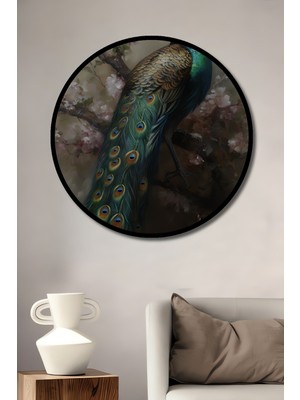 Teona Ahşap Çerçeve Görünümlü Muhteşem Tavus Kuşu Dekoratif Ahşap Mdf Ev Duvar Tablo Yuvarlak Ev Duvar Tablo