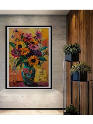Teona Ahşap Çerçeve Görünümlü Renkli Çiçekler Dekoratif Ahşap Mdf Ev Duvar Tablo Dikdörtgen Ev Duvar Tablo