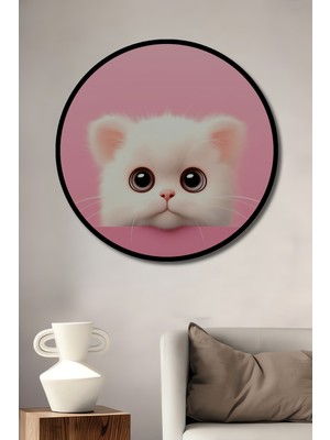 Teona Ahşap Çerçeve Görünümlü Sevimli Kedi Dekoratif Ahşap Mdf Işyeri Duvar Tablo Yuvarlak Işyeri Duvar Tablo