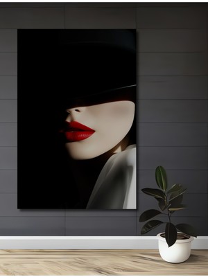 Teona Ahşap Şapka ve Kırmızı Ruj Dekoratif Ahşap Mdf Ev/işyeri Duvar Tablo Dikdörtgen Ev/işyeri Duvar Tablo