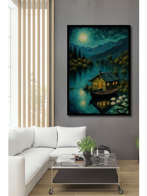 Teona Ahşap Çerçeve Görünümlü Ayışığında Yüzen Ev Dekoratif Ahşap Mdf Ev Duvar Tablo Dikdörtgen Ev Duvar Tablo
