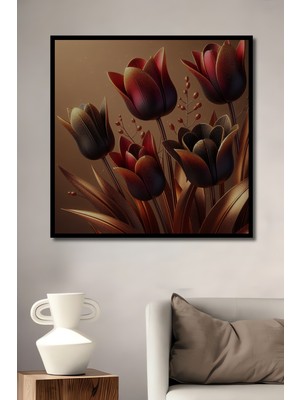 Teona Ahşap Çerçeve Görünümlü Zarif Laleler Ahşap Mdf Dekoratif Ev Duvar Tablo Dikdörtgen Ev Duvar Tablo