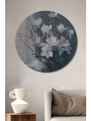 Teona Ahşap Beyaz Çiçekli Vazo Dekoratif Ahşap Mdf Ev/işyeri Duvar Tablo Yuvarlak Ev/işyeri Duvar Tablo