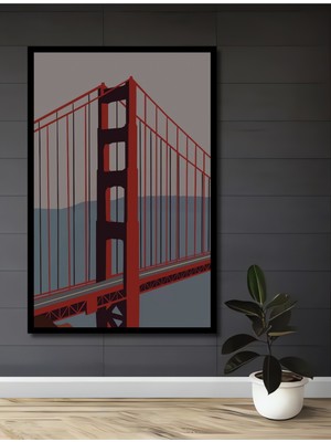 Teona Ahşap Çerçeve Görünümlü Dekoratif Ahşap Dikdörtgen Tablo Golden Gate Köprüsü
