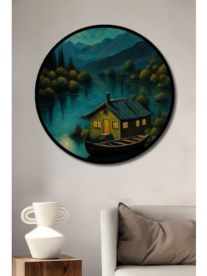 Teona Ahşap Çerçeve Görünümlü Ayışığında Yüzen Ev Dekoratif Ahşap Mdf Ev Duvar Tablo Yuvarlak Ev Duvar Tablo