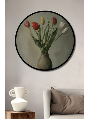 Teona Ahşap Çerçeve Görünümlü Zarif Laleler Ahşap Mdf Dekoratif Ev Duvar Tablo Yuvarlak Ev Duvar Tablo