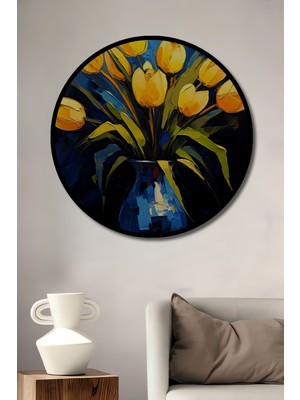 Teona Ahşap Çerçeve Görünümlü Sarı Laleler Ahşap Mdf Dekoratif Işyeri Duvar Tablo Yuvarlak Işyeri Duvar Tablo