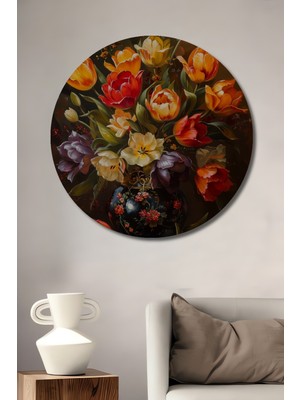 Teona Ahşap Rengarenk Çiçek Buketi Dekoratif Ahşap Mdf Ev/işyeri Duvar Tablo Yuvarlak Ev/işyeri Duvar Tablo