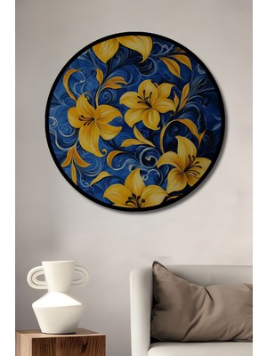 Teona Ahşap Çerçeve Görünümlü Sarı Zambaklar Dekoratif Ahşap Mdf Ev Duvar Tablo Yuvarlak Ev Duvar Tablo
