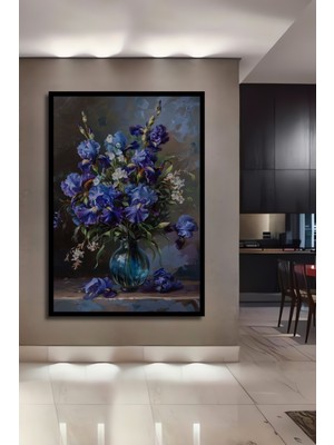 Teona Ahşap Çerçeve Görünümlü Mavi Çiçek Buketi Dekoratif Ahşap Mdf Ev Duvar Tablo Dikdörtgen Ev Duvar Tablo