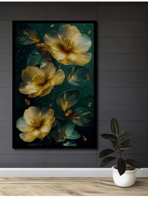 Teona Ahşap Çerçeve Görünümlü Altın Çiçekler Dekoratif Ahşap Mdf Ev Duvar Tablo Dikdörtgen Ev Duvar Tablo