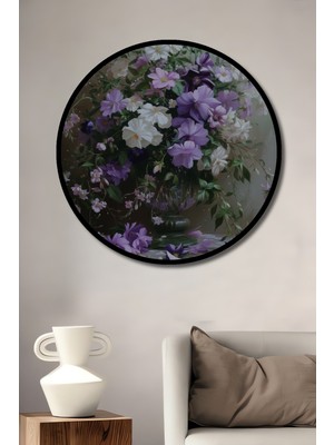 Teona Ahşap Çerçeve Görünümlü Mor Çiçek Buketi Dekoratif Ahşap Mdf Ev Duvar Tablo Yuvarlak Ev Duvar Tablo