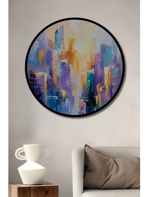 Teona Ahşap Çerçeve Görünümlü Soyut Şehir Manzarası Dekoratif Ahşap Mdf Ev Duvar Tablo Yuvarlak Ev Duvar Tablo