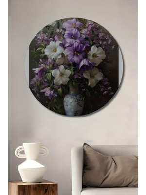 Teona Ahşap Lila Çiçek Dolu Vazo Ahşap Mdf Dekoratif Ev/işyeri Duvar Tablo Yuvarlak Ev/işyeri Duvar Tablo