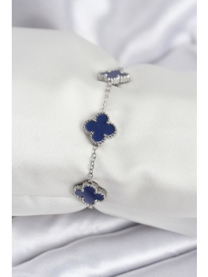 Evyora 316L Çelik Zincir Gümüş Renk Lacivert Yonca Kadın Bileklik