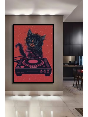 Teona Ahşap Çerçeve Görünümlü Dj Kedi Ahşap Mdf Dekoratif Işyeri Duvar Tablo Dikdörtgen Işyeri Duvar Tablo