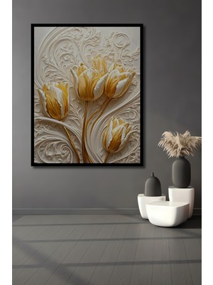 Teona Ahşap Çerçeve Görünümlü Barok Tarzı Altın Lale Motifli Ahşap Mdf Dekoratif Tablo Dikdörtgen Tablo