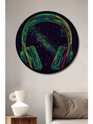 Teona Ahşap Çerçeve Görünümlü Renkli Kulaklıklar Ahşap Mdf Dekoratif Ev Duvar Tablo Yuvarlak Ev Duvar Tablo