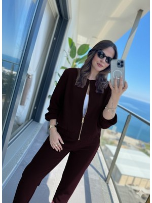 Aesco Kadın Uzun Kollu Önden Fermuarlı Modal Ceket ve Pantolon Ikili Takım