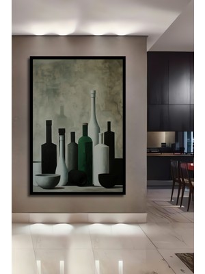 Teona Ahşap Çerçeve Görünümlü Şişeler ve Kaseler Ahşap Mdf Dekoratif Ev Duvar Tablo Dikdörtgen Ev Duvar Tablo