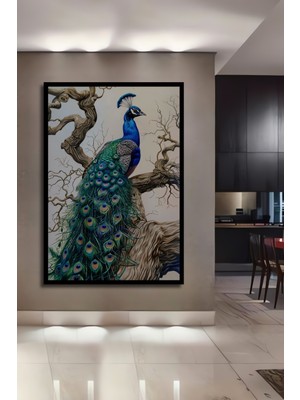 Teona Ahşap Çerçeve Görünümlü Gururlu Tavus Kuşu Ahşap Mdf Dekoratif Ev Duvar Tablo Dikdörtgen Ev Duvar Tablo