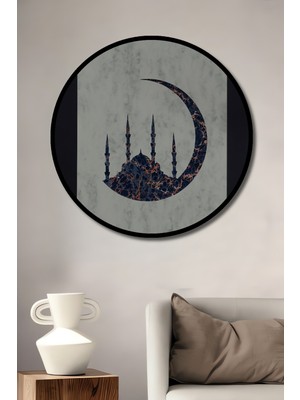 Teona Ahşap Çerçeve Görünümlü Ay Yıldızlı Cami Dekoratif Ahşap Mdf Ev Duvar Tablo Yuvarlak Ev Duvar Tablo