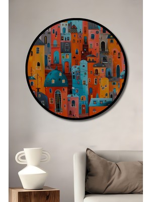 Teona Ahşap Çerçeve Görünümlü Renkli Şehir Ahşap Mdf Dekoratif Işyeri Duvar Tablo Yuvarlak Işyeri Duvar Tablo