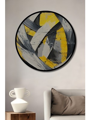 Teona Ahşap Çerçeve Görünümlü Soyut Sanat Sarı Grinin Dansı Dekoratif Ahşap Mdf Tablo Yuvarlak Tablo