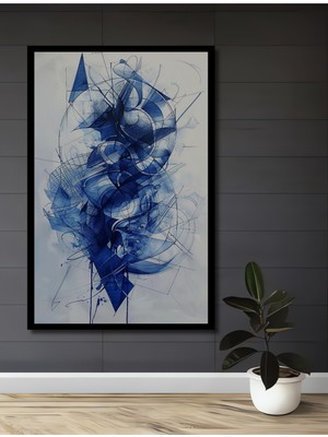 Teona Ahşap Çerçeve Görünümlü Mavi Geometrik Soyut Sanat Dekoratif Ahşap Mdf Tablo Dikdörtgen Tablo