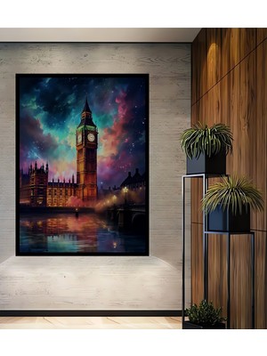 Teona Ahşap Çerçeve Görünümlü Big Ben Yansımalı Dekoratif Ahşap Mdf Ev Duvar Tablo Dikdörtgen Ev Duvar Tablo