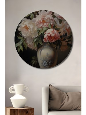 Teona Ahşap Dekoratif Ahşap Yuvarlak Tablo Şakayık Çiçekleri