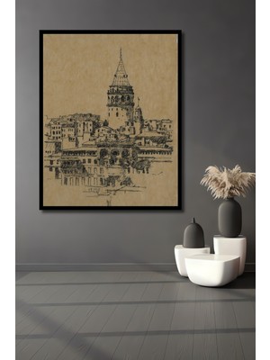 Teona Ahşap Dekoratif Ahşap Dikdörtgen Tablo Galata Kulesi Çizimi Çerçeve Görünümlü