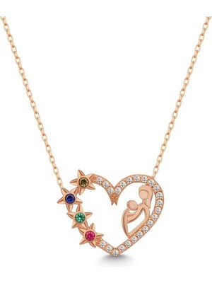 Famira 925 Ayar Gümüş Rose Yıldızlı Anne Bebek Kolye