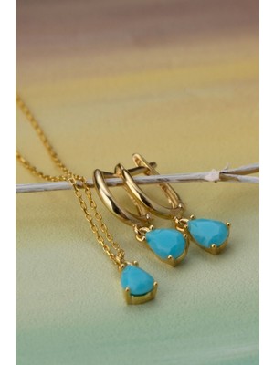 Famira 925 Ayar Gümüş Firuze Taşlı Kolye Küpe Seti