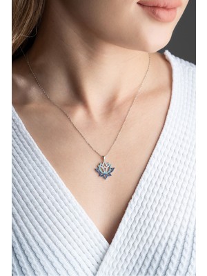 Famira 925 Ayar Gümüş Mavi Zirkon Taşlı Lotus Çiçeği Kolye