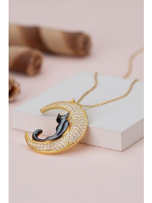 Famira 925 Ayar Gold Zirkon Taşlı Kedicik Ay Gümüş Kolye
