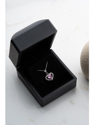 Famira 925 Ayar Gümüş Işıklı Kutuda Pembe Taşlı Kalp Kolye
