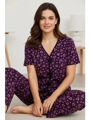Çamaşır Kenti Kadın Mor Kalp Desenli Fiyonklu Kısa Kollu Uzun Pijama Takımı