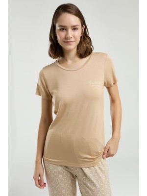 Pierre Cardin Kadın Sade Yazlık Kısa Kol Desenli Uzun Pantolon Pijama Takımı