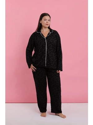 Çamaşır Kenti Kadın Büyük Beden Siyah Kırmızı Çiçekli Düğmeli Pijama Takımı