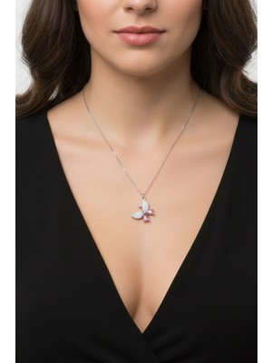 Parmas Design Pembe Taşlı 925 Ayar Gümüş Kadın Kelebek Kolye