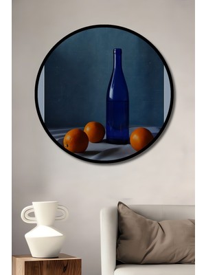 Teona Ahşap Dekoratif Ahşap Yuvarlak Çerçeve Görünümlü Tablo Mavi Şişe ve Portakallar