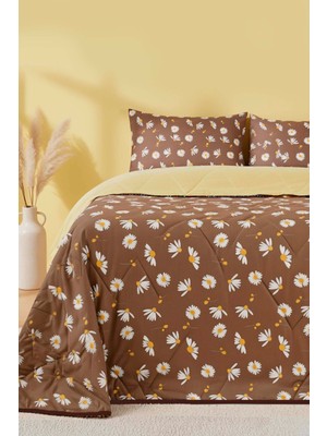 Kahve Papatyalı Çift Kişilik Pamuklu Kapitone Pike & Yatak Örtüsü