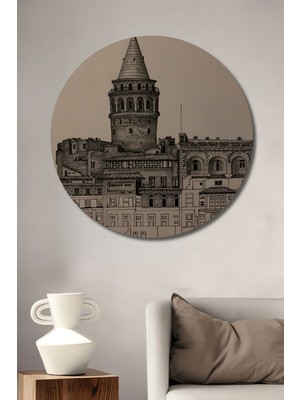 Teona Ahşap Dekoratif Ahşap Yuvarlak Tablo Galata Kulesi Çizim