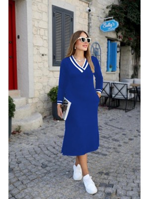 Aesco Kadın Uzun Kollu V Yakalı Yandan Yırtmaçlı Iki Iplik Midi Elbise