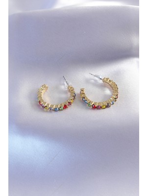 Erbar Gold Renk Yarım Halka Model Renkli Kristal Taşlı Kadın Küpe