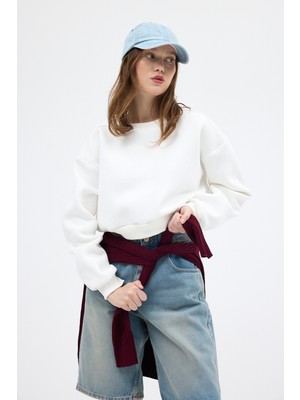 Rays Ekru Kadın Crop Bisiklet Yaka Sweatshirt 9210M