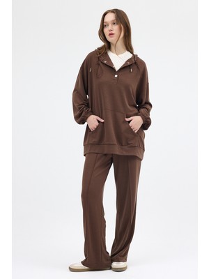 Rays Kahve Cepli Kapüşonlu Tunik Pantolon Takımı 8105A